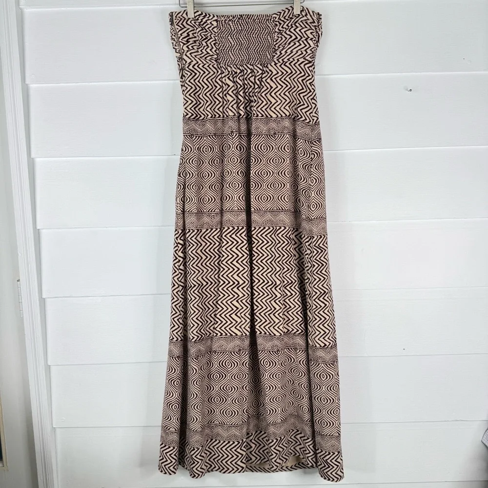 Edmé & Esyllte Anthropologie Strapless Maxi Dress Sz 12 Brown Cream Boho Cotton - Picture 8 of 14